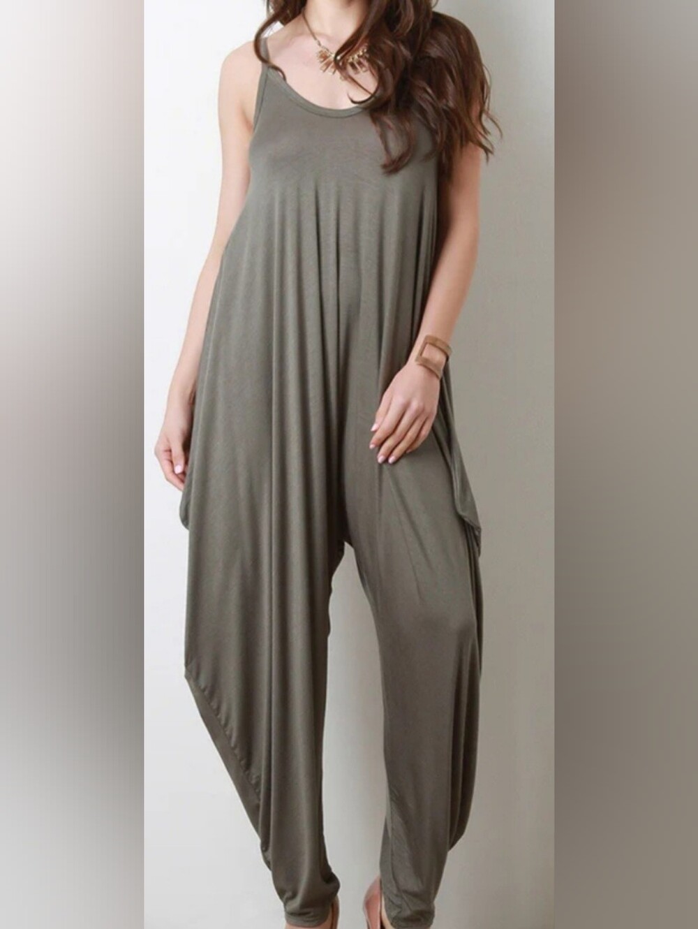 True Rock Harem Jumpsuit Sz L Olive Draped Drop Crotch Romper Statement Piece